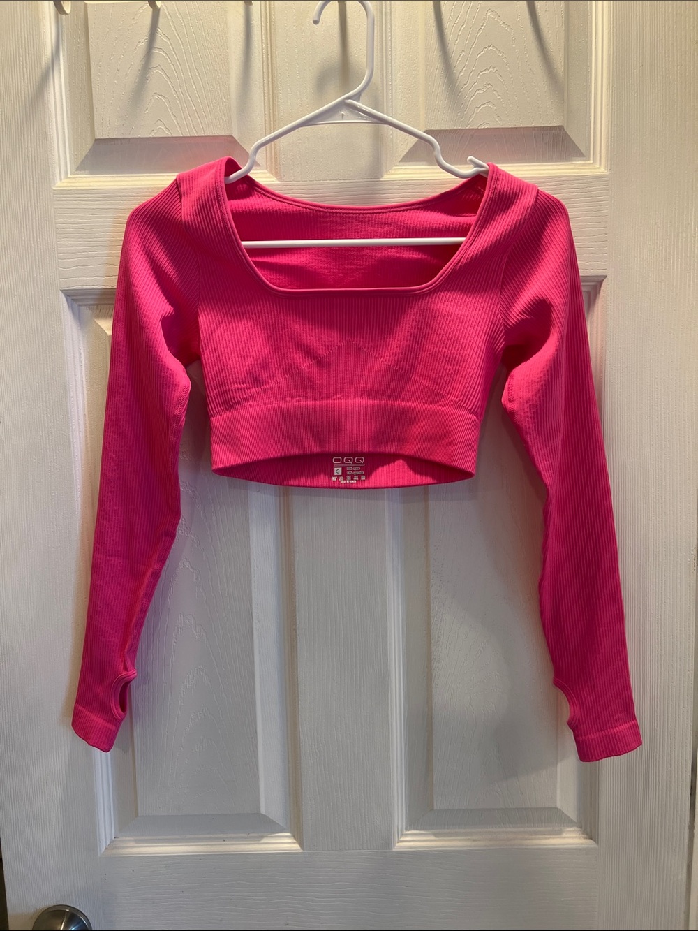 Square-Neck Ribbed Crop Top in Hot Pink with Thumb Holes